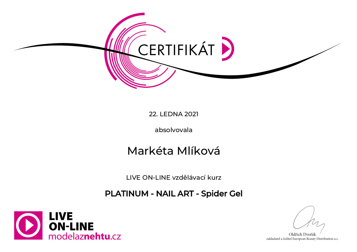 Certifikát Platinum - Nail Art - Spider Gel | Markéta Mlíková